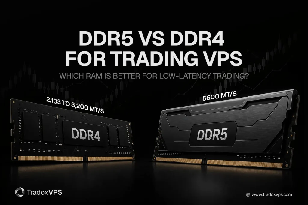 Featured image comparing DDR5 and DDR4 for a trading VPS: DDR5 has about twice the bandwidth (51.2 vs 25.6 GB/s) but the same ~10 ns latency, showing its advantage is bandwidth, not response time.