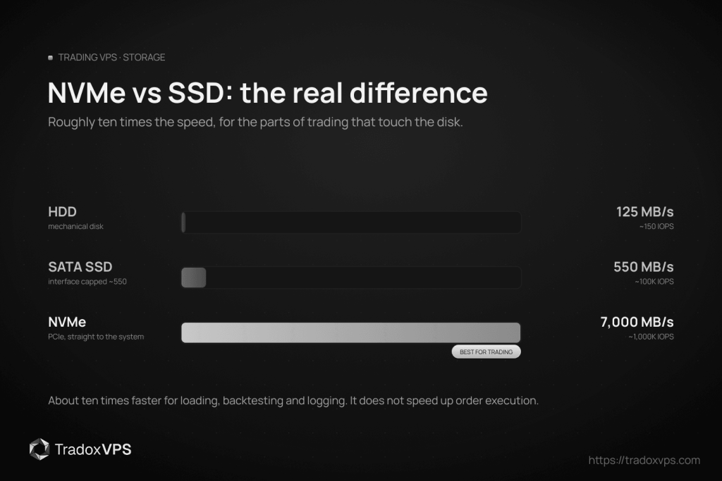 Featured image comparing storage speed for a trading VPS: HDD ~125 MB/s, SATA SSD ~550 MB/s, and NVMe ~7,000 MB/s, showing NVMe is roughly ten times faster for disk-bound work.