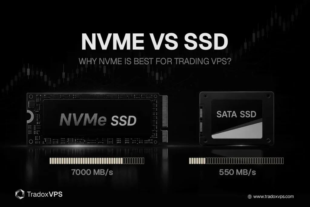 Featured image comparing storage speed for a trading VPS: HDD ~125 MB/s, SATA SSD ~550 MB/s, and NVMe ~7,000 MB/s, showing NVMe is roughly ten times faster for disk-bound work.