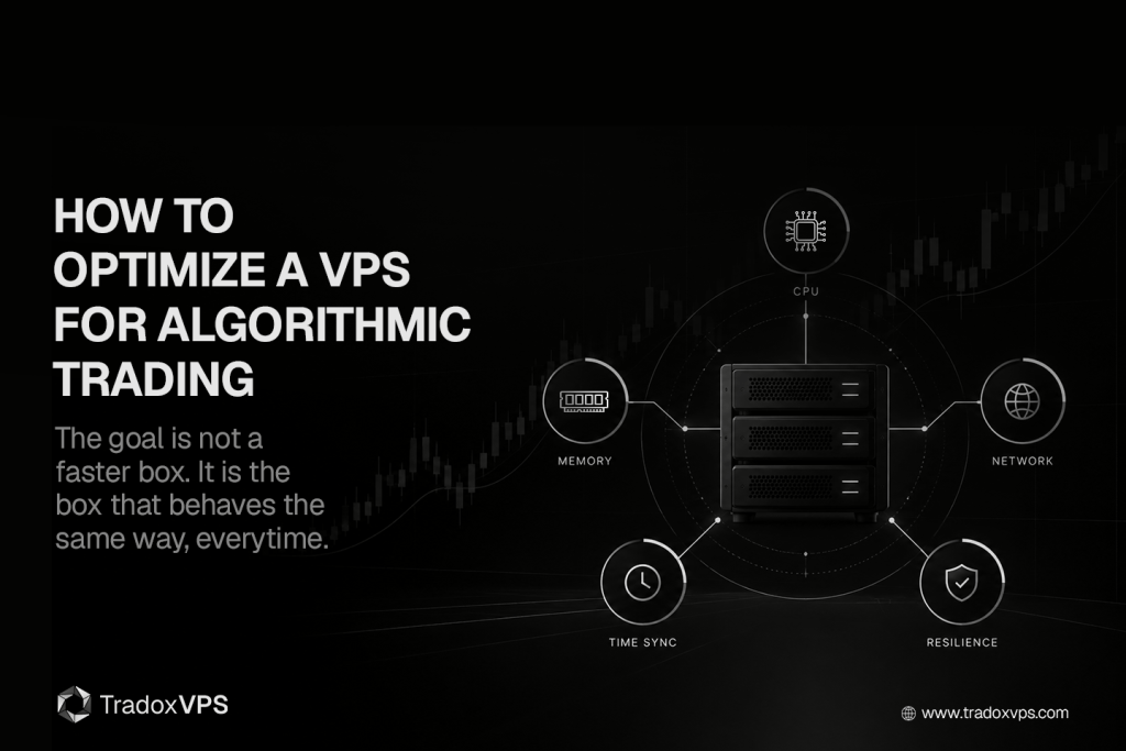 Featured image for a guide on optimizing a VPS for algorithmic trading, shown as a tuning console with sliders for CPU, memory, network, time sync, and resilience, all dialed in.