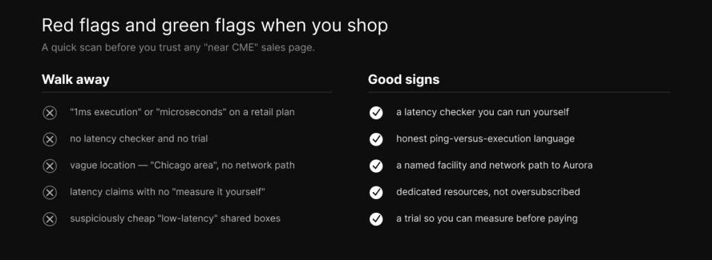 Red flags and green flags for a near-CME VPS: walk away from microsecond claims, no trial, and vague locations; look for a latency checker, honest language, and a named network path