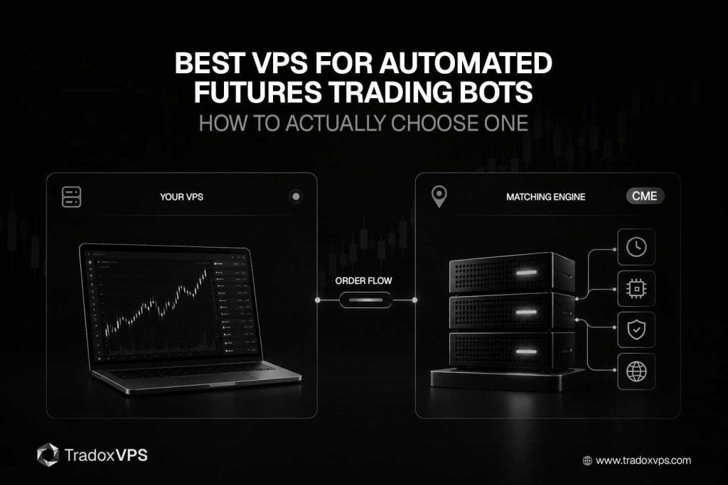 Featured image for a guide on the best VPS for automated futures bots: a "Your VPS" card showing a live candlestick chart connected by a low-latency link to a "Chicago" card showing the CME order-book matching engine.