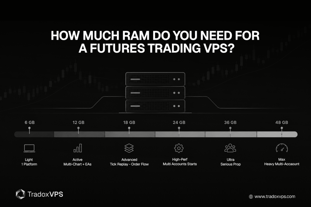 TradoxVPS RAM tiers for a futures trading VPS — Starter 6GB, Active 12GB, Advanced 18GB, High-Performance 24GB, Ultra 36GB, Max 48GB; match the tier to your workload, RAM is headroom not speed.