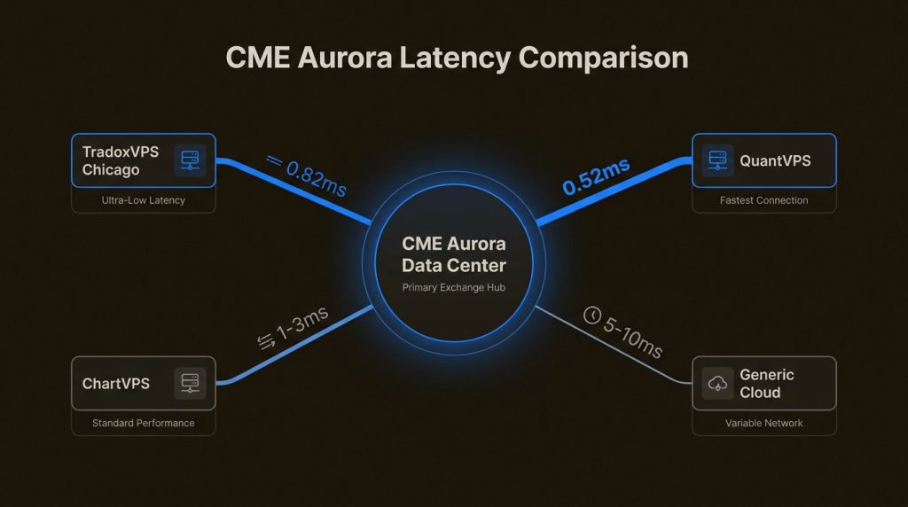 Latency comparison between TradoxVPS Chicago (0.82ms) and staddard VPS providers(5-10ms) showing the competitive advantage of exchange proximity