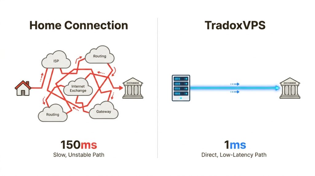 A direct VPS connection bypasses publin internet congestion, reducing latency from 150ms to sub-1ms execution