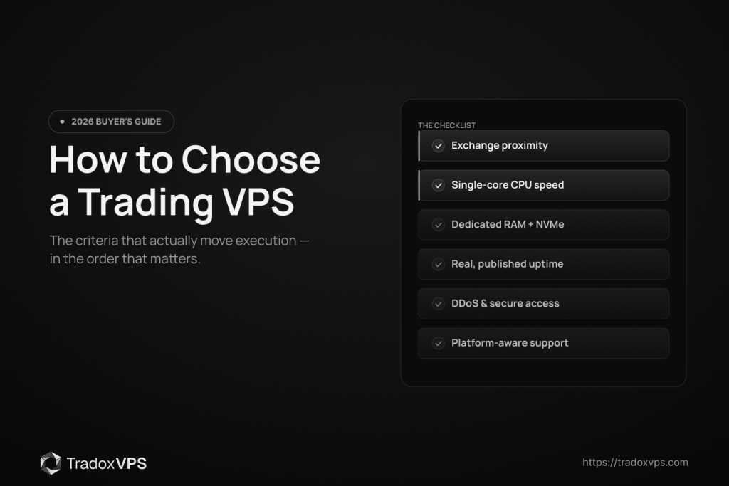 A trading VPS selection checklist: exchange proximity, single-core CPU speed, dedicated RAM and NVMe storage, real published uptime, DDoS-protected secure access, and platform-aware support.