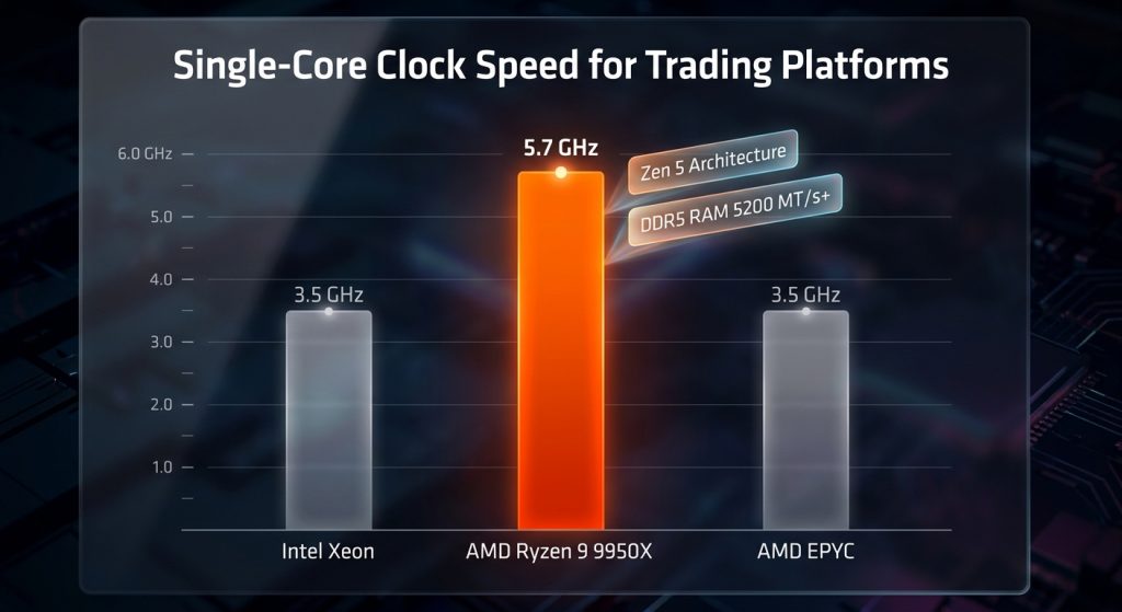 The Ryzen 9950X's 5.7GHz clock speed offers a significant performance advantage for processing high-velocity market data