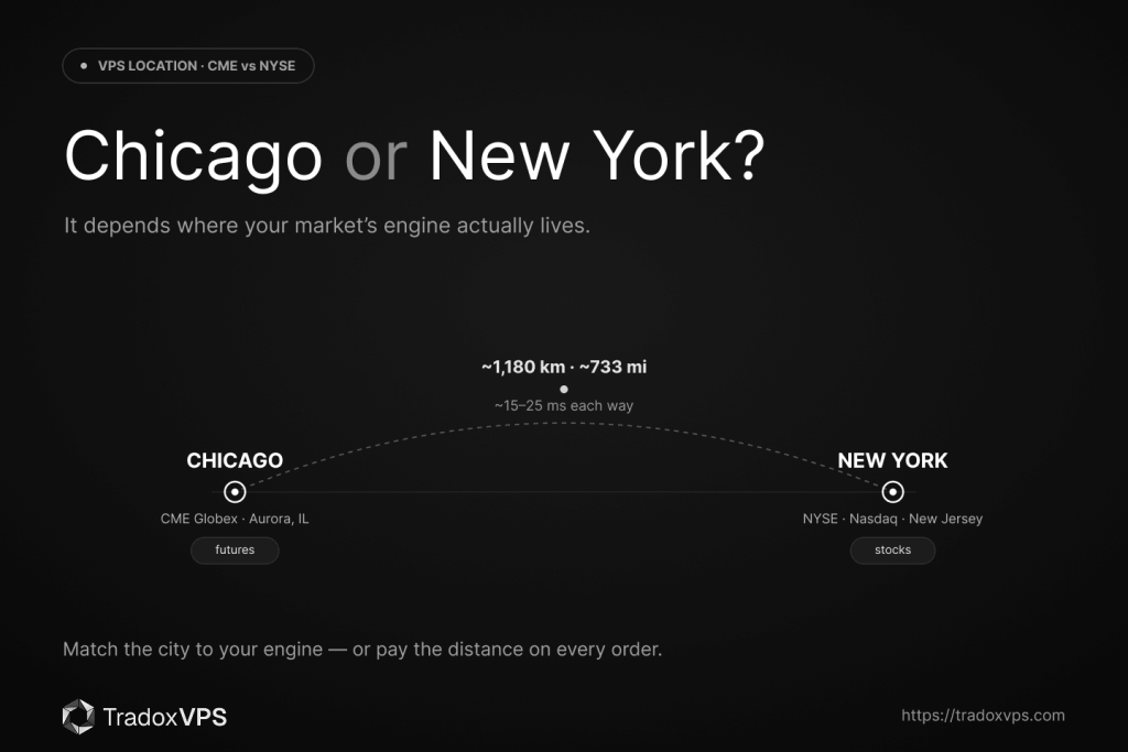 Chicago vs New York VPS — the CME futures engine is in Aurora, Illinois while NYSE and Nasdaq are in New Jersey, ~733 miles apart.