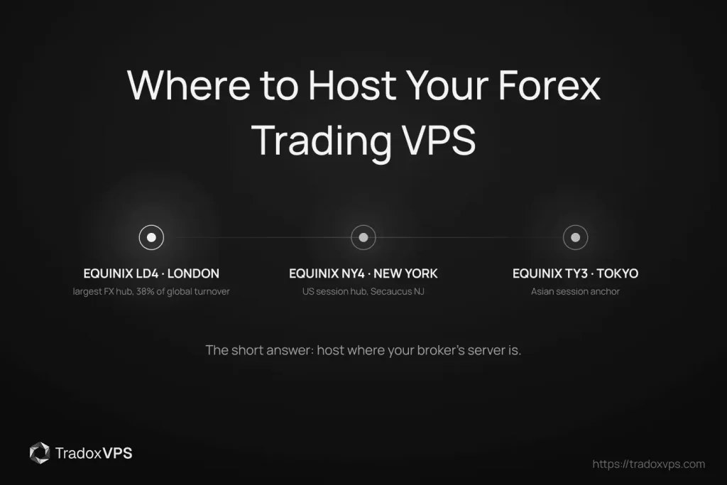 Featured image for a guide on choosing a forex trading VPS location, showing the three main broker hosting hubs: Equinix LD4 near London with 38 percent of global FX turnover, NY4 in Secaucus New Jersey, and TY3 in Tokyo.