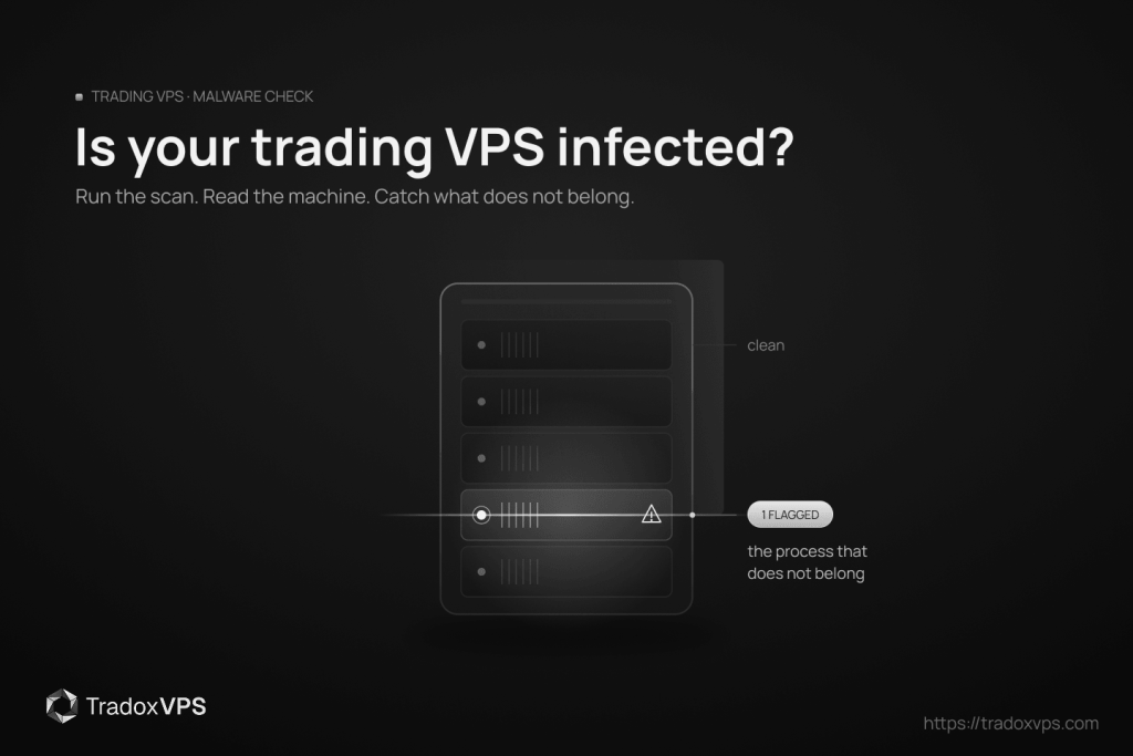 Featured image for a guide on checking a trading VPS for malware: a scan line sweeping across a server rack and flagging the one infected unit among clean ones, labeled as the process that does not belong.