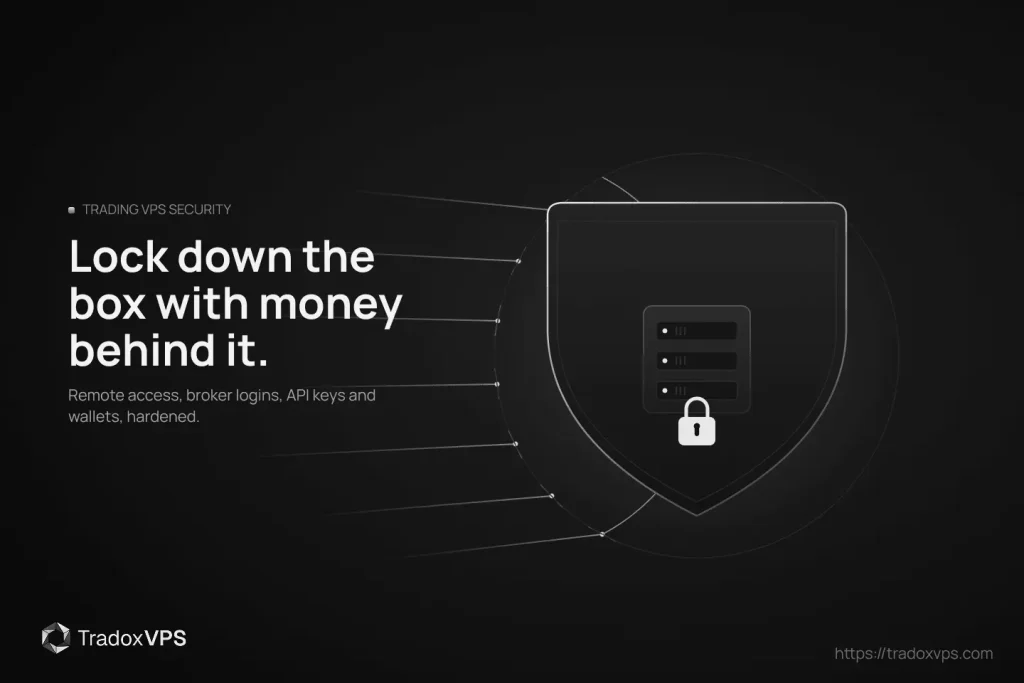 Featured image for a trading VPS security guide: a metallic shield containing a server rack with a lock, deflecting incoming scanner probes, over the headline about locking down the machine with money behind it.