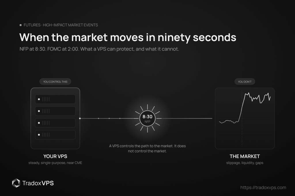 Diagram for a guide on using a VPS for news trading on futures: a steady VPS you control connected through the 8:30 NFP event to a volatile market you do not, showing what a VPS can and cannot protect during NFP, CPI and FOMC.