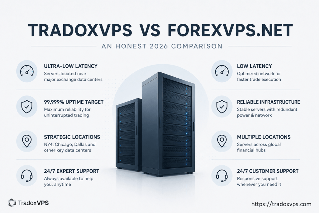 TradoxVPS vs ForexVPS.net comparison — a futures and Polymarket VPS versus a global forex VPS network, 2026