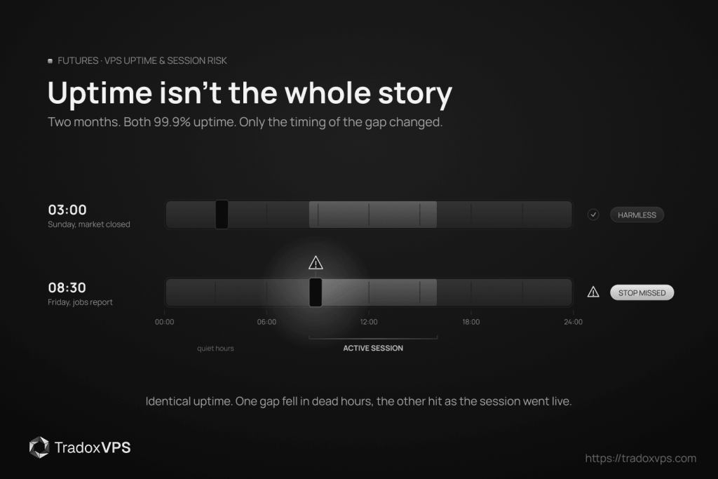 Featured image for a guide on VPS uptime versus trading session risk: two identical 99.9% uptime timelines shaded by market activity, with one downtime gap falling in quiet off-hours (harmless) and the other hitting exactly as the active trading session begins (a missed stop).