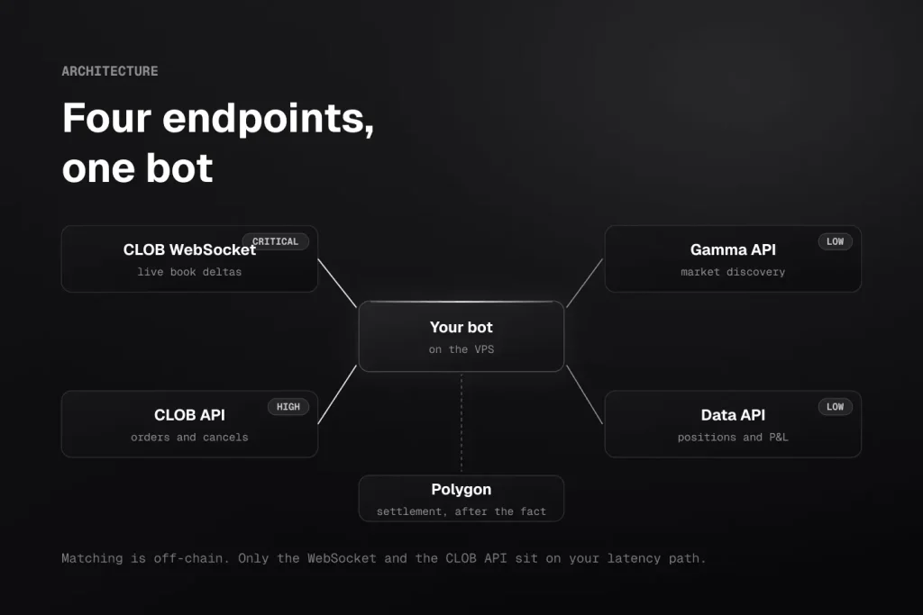 Polymarket bot API architecture: the bot connects to the CLOB WebSocket for live book deltas and the CLOB API for orders, both latency-critical, plus the Gamma API for market discovery and the Data API for positions, with settlement on Polygon after matching.