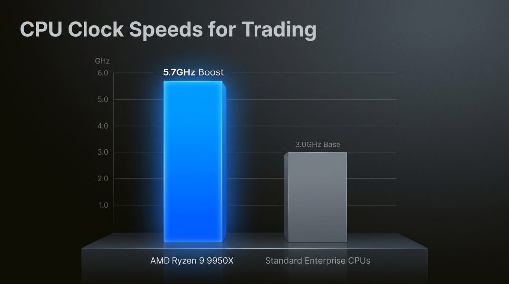 The Ryzen 9950X's 5.7GHz clock speed provides a critical single-threaded performance edge, reducing processing latency for platforms like NinjaTrader
