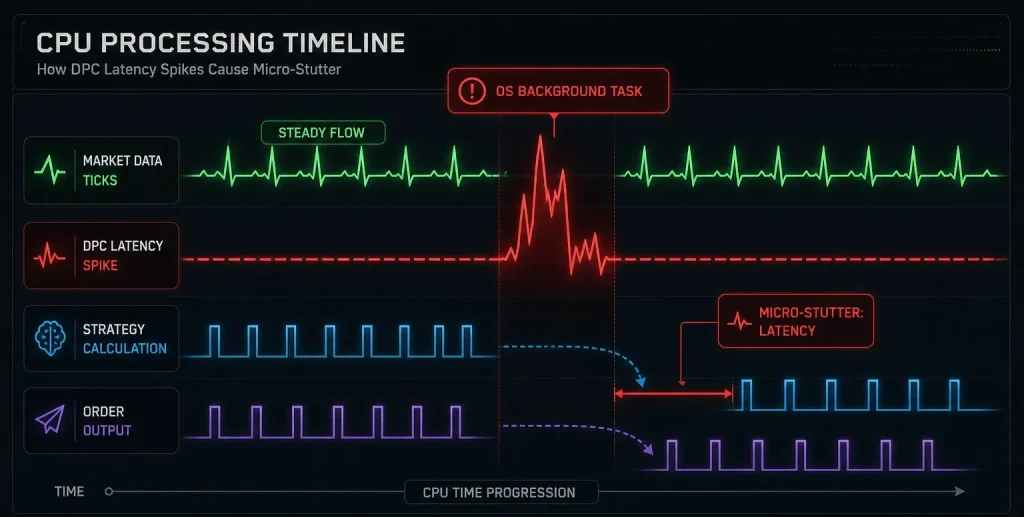 Background system tasks can hijack CPU resources, causing latency spikes that lead to slippage during volatile market moves
