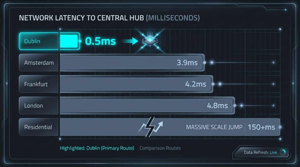 Physical proximity to the Dublin hub is the primary factor in achieving the 0.5ms latency required for competitive high-frequency prediction trading