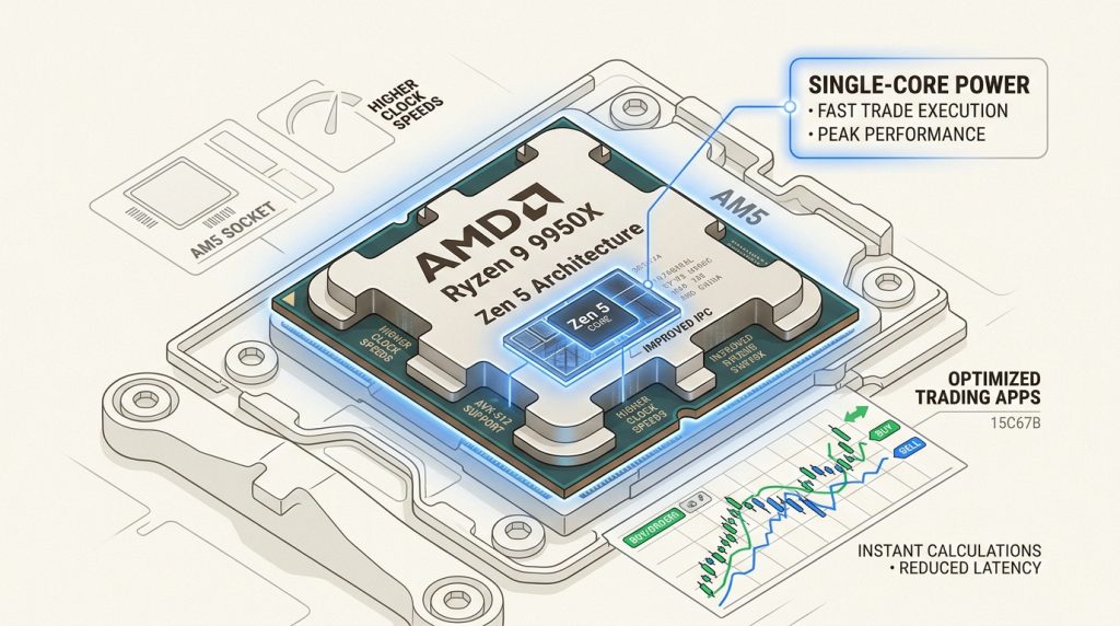 The Ryzen 9 9950X CPU's superior single-core speed is crucial for processing market data and executing orders without platform lag.