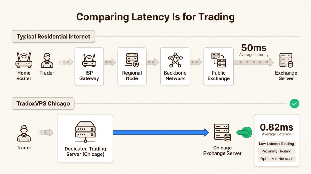 This comparison highlights the dramatic latency reduction TradoxVPS offers, transforming execution speed from miliseconds to sub-miliseconds for serious traders