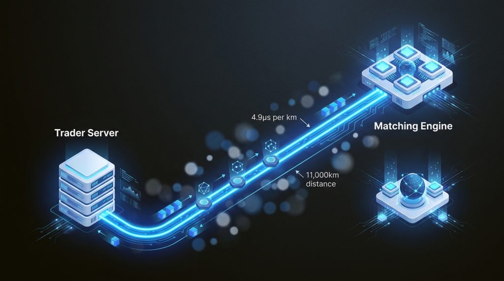 physical distance is the ultimate speed limit in trading, with every kilometer of fiber optic cable adding microsecond penalties to execution