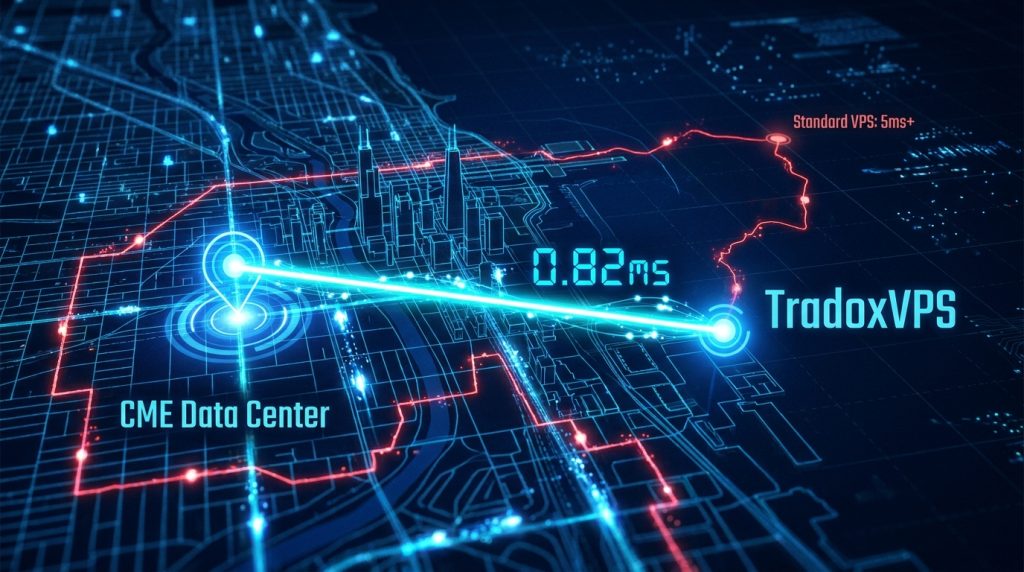 Strategic proximity to the CME data center in Chicago allows TradoxVPS to achieve a verifiable 0.82ms latency for lightning-fast order execution