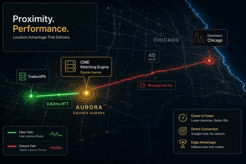 Physical proximity to the CME matching engine in Aurora eliminates the execution delays caused by the 'Microsecond Tax'