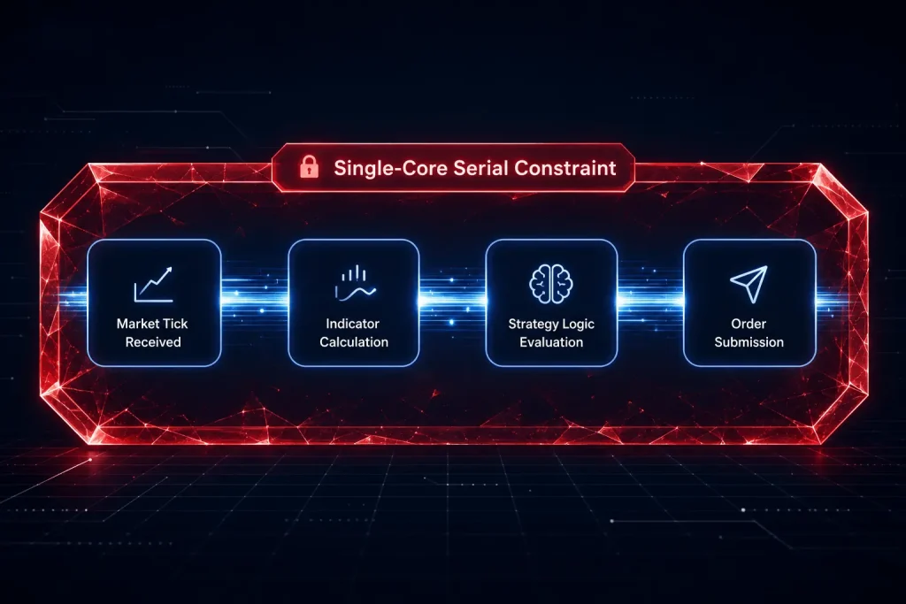 Algorithmic execution is a serial chain where each step must finish before the next begins on a single CPU core