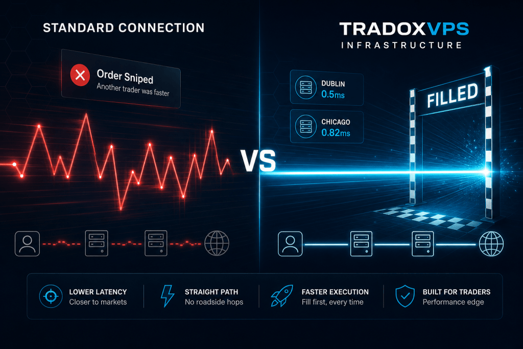 TradoxVPS provides a decisive competitive edge by reducing execution latency to sub-milisecond levels compared to standard retail connections