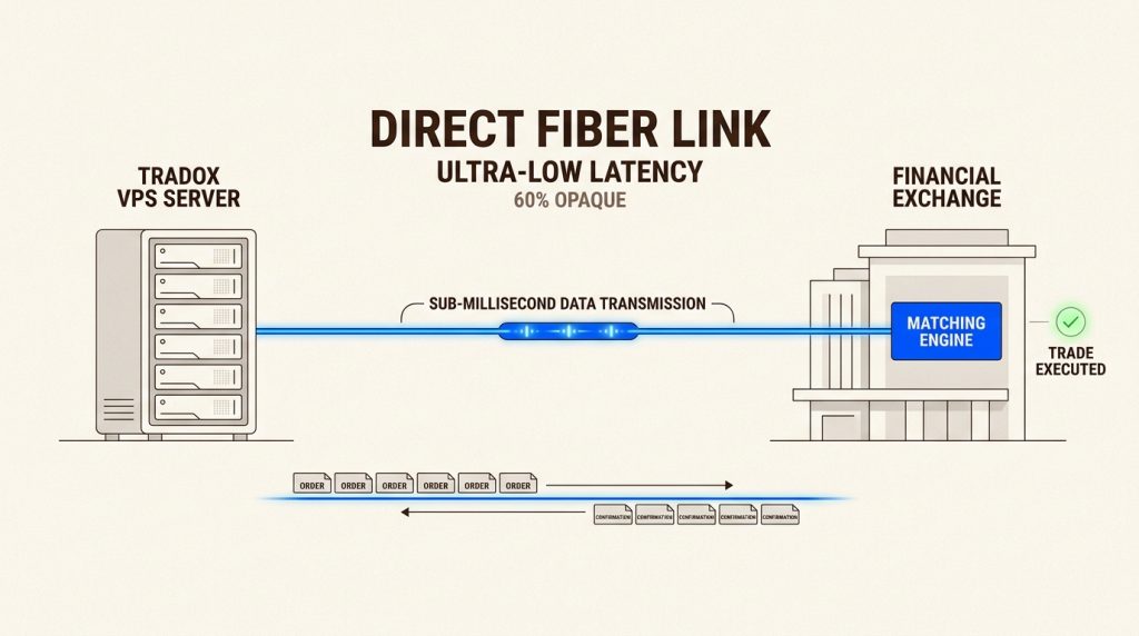 Visualize how direct fiber optic connections ensure sub-milisecond data transfer, giving traders a critical speed advantage over competitors