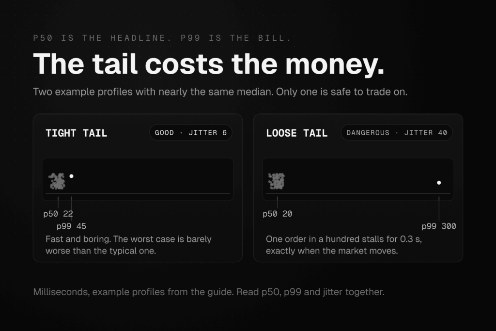 Two example latency profiles showing why the p99 tail matters when testing a Polymarket VPS: a tight tail at 45 milliseconds beside a loose tail where one order in a hundred stalls at 300 milliseconds.