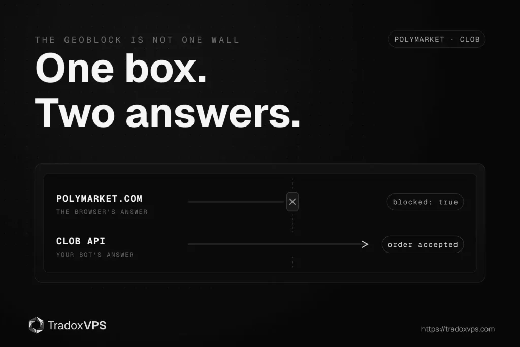 The same machine getting two answers from Polymarket: the website geoblock check returns blocked true while the trading API accepts an order, showing the two systems are separate.