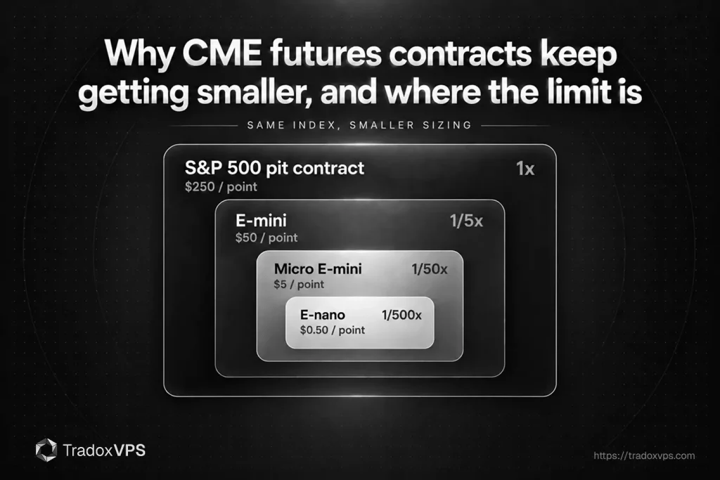Four generations of CME S&P 500 futures contracts nested by size, from the original pit contract down to the E-nano.