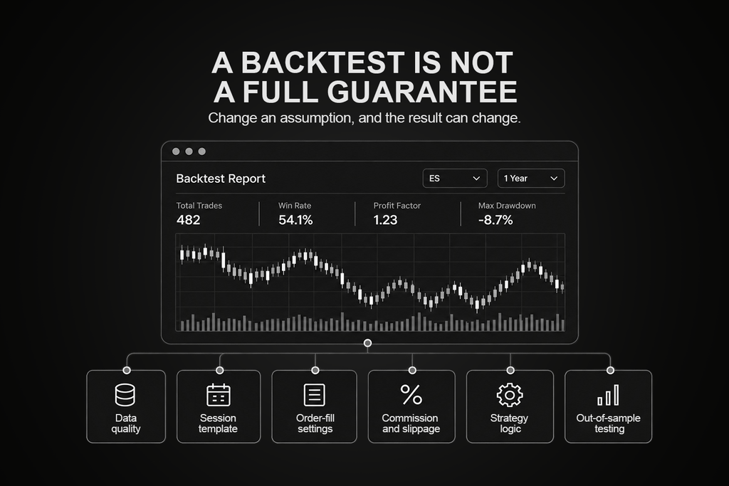 Six assumptions that change a NinjaTrader backtest result, from data quality to out-of-sample testing.