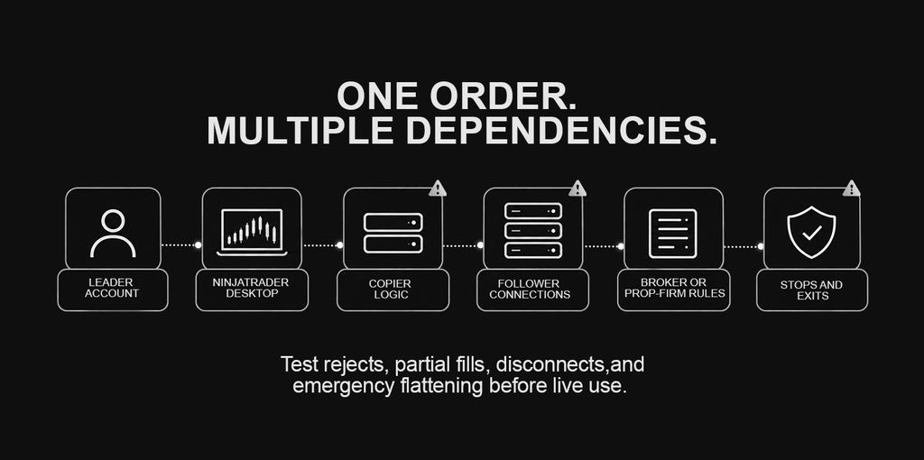 Six dependencies a copied NinjaTrader order passes through, from leader account to stops and exits.