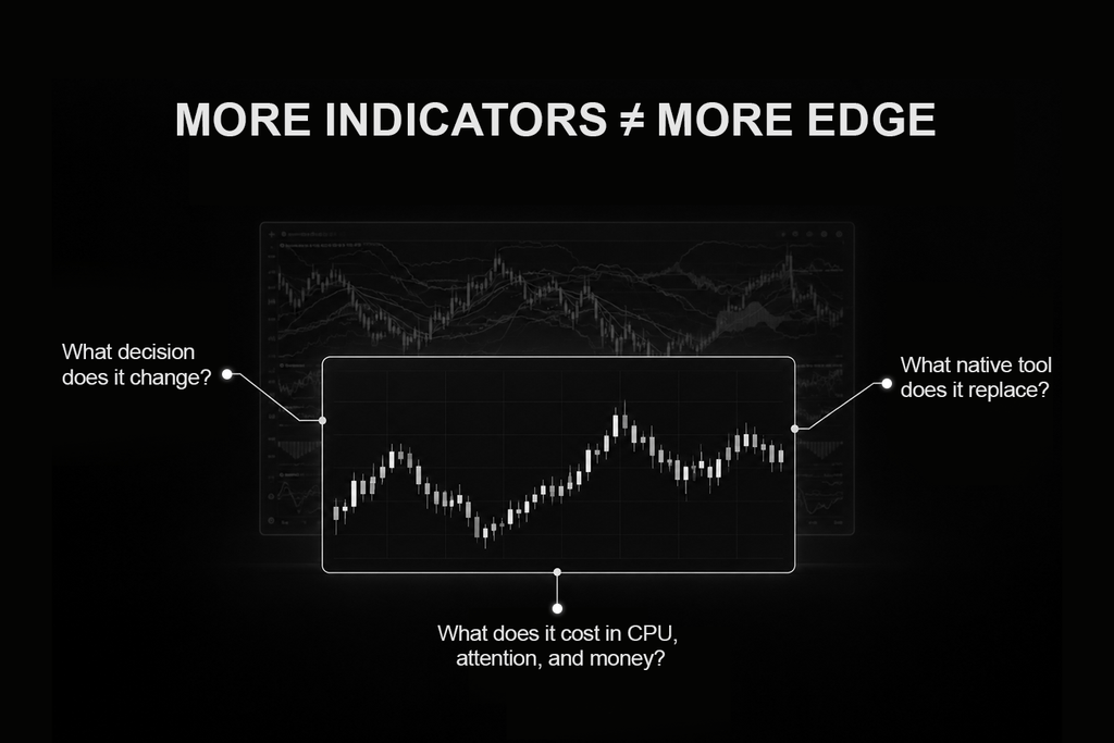 Three questions to ask before adding a NinjaTrader indicator: what decision it changes, what it replaces, what it costs.