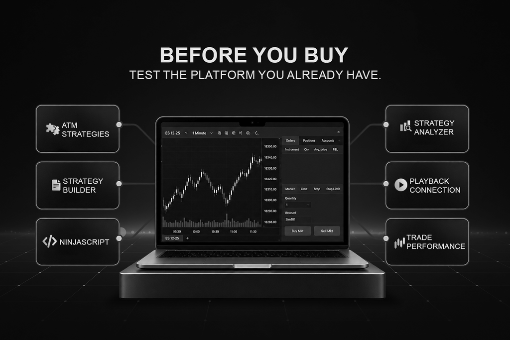 Six native NinjaTrader tools to test before buying an add-on: ATM Strategies, Strategy Builder, NinjaScript, Strategy Analyzer, Playback Connection and Trade Performance.