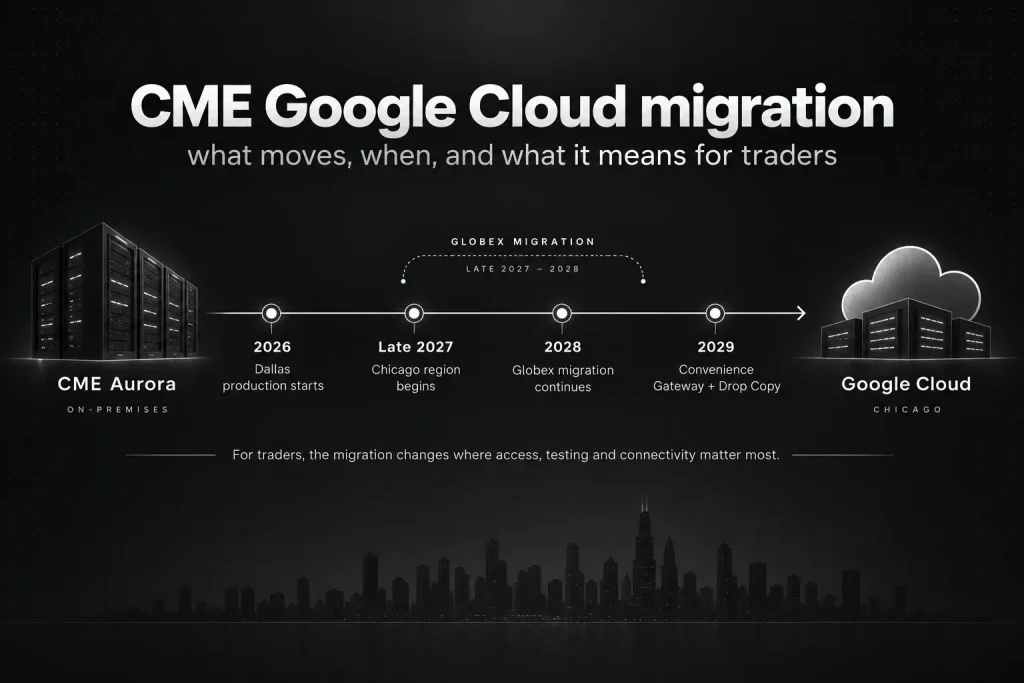 CME is moving to Google Cloud: a timeline bar from 2026 to 2029 shows CME Globex moving from CME's Aurora data centre to Google Cloud.