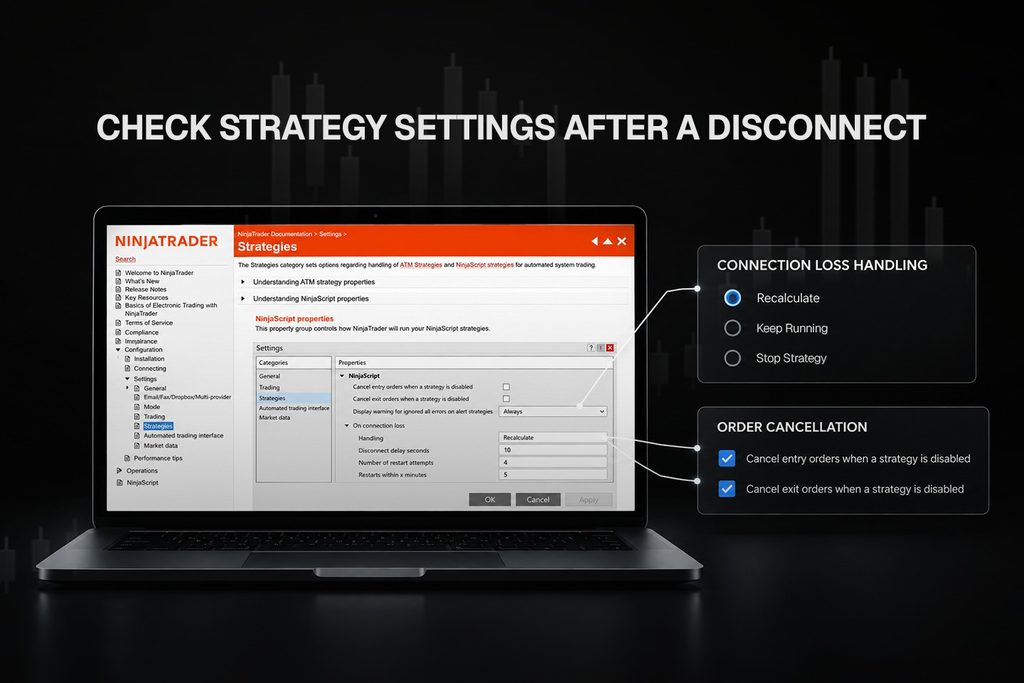 NinjaTrader strategy settings with the connection loss handling option and disconnect delay highlighted.