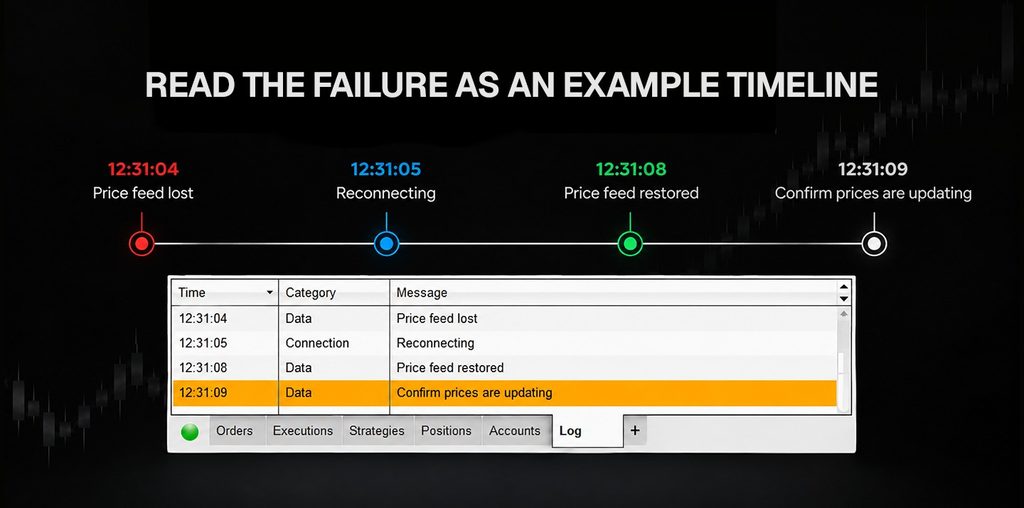 Example NinjaTrader Log timeline around a connection loss, read in order from the first error to recovery.